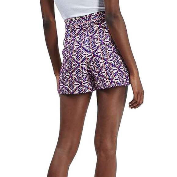 🦋 TOPSHOP Purple Jacquard Tile Shorts High Waist 2 - Picture 1 of 4